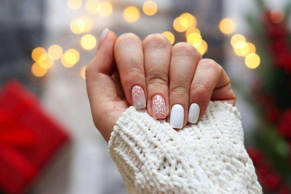 White Pink Snowflake Nails