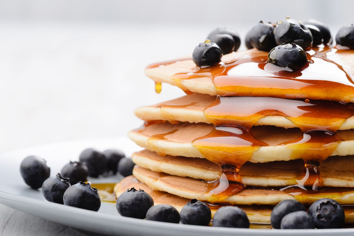 Delicious, Pancakes, Close, Up ,, With, Fresh, Blueberries, And, Maple, Syrup